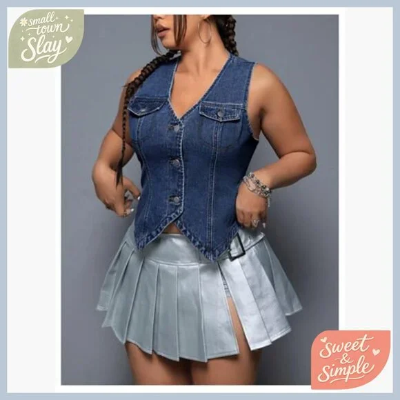 Plus Size Denim Vest Sleeveless V Neck Button Down Casual Wear
